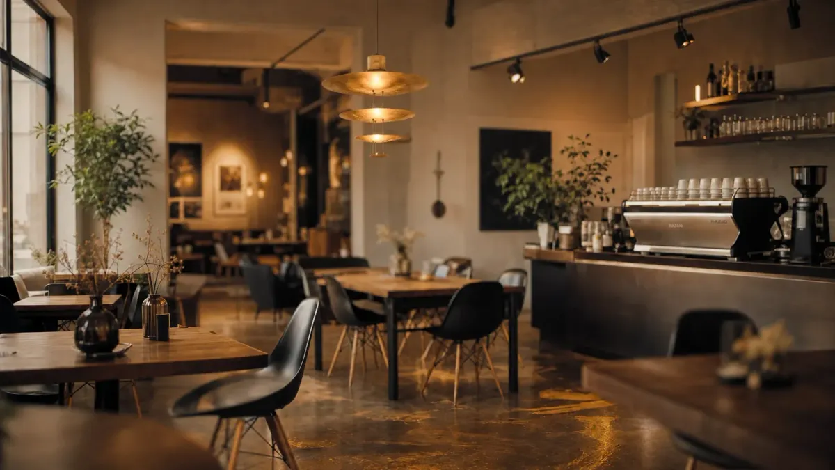Gastraum des Kaffeehaus K3 mit Tischen, Theke und warmem Licht